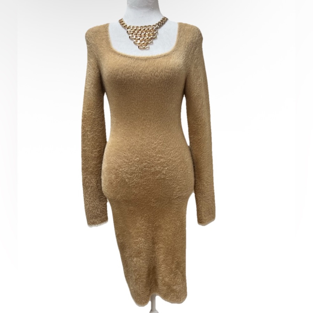 GB Mini Long Sleeve Bodycon Dress Light Brown M - Picture 2 of 6